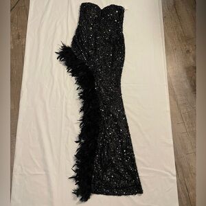 Strapless Black Sequin Gown with Feather Trim